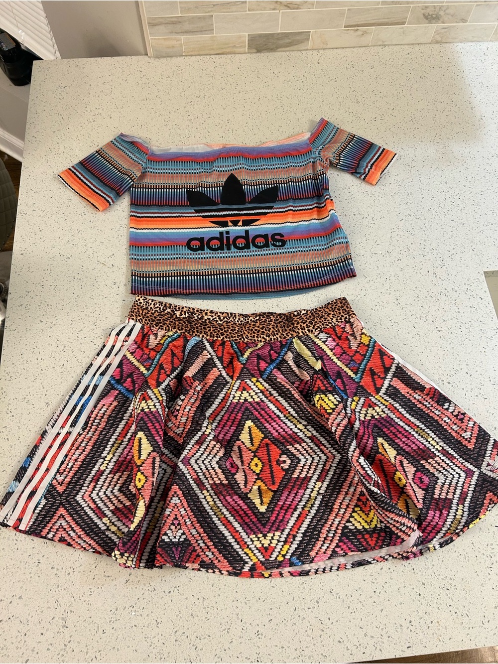 adidas Multicolor Striped Crop Top and Aztec Print Skirt Set - Picture 3 of 3